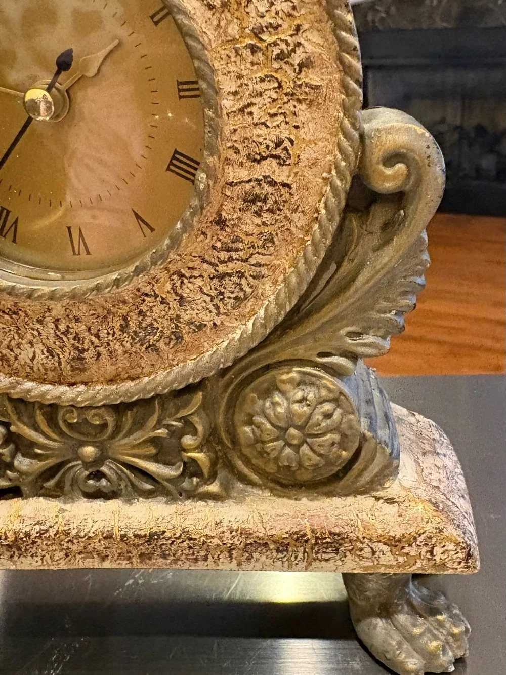 Vintage baroque style mantel clock, aged gold or brass finished Resin frame.